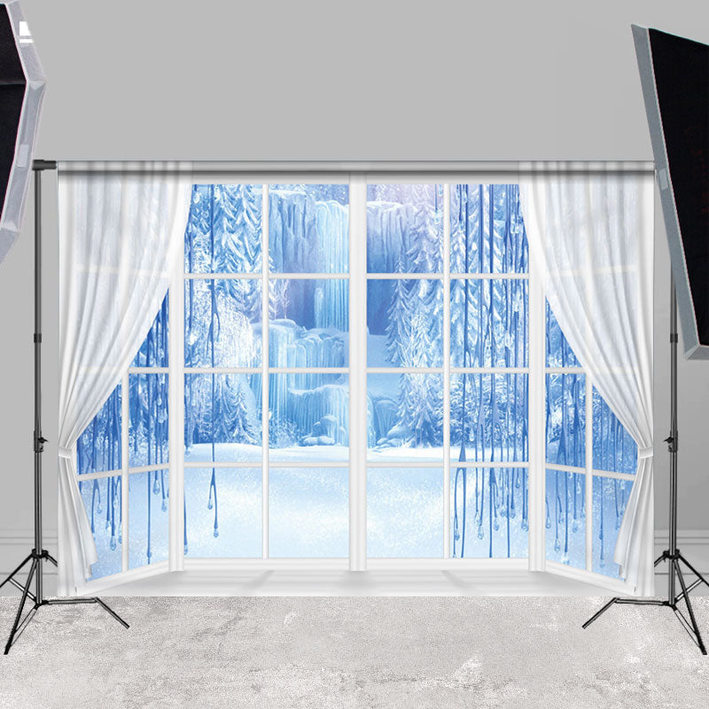 Lofaris Blue Snow Tree Scenery Window Outside Backdrops
