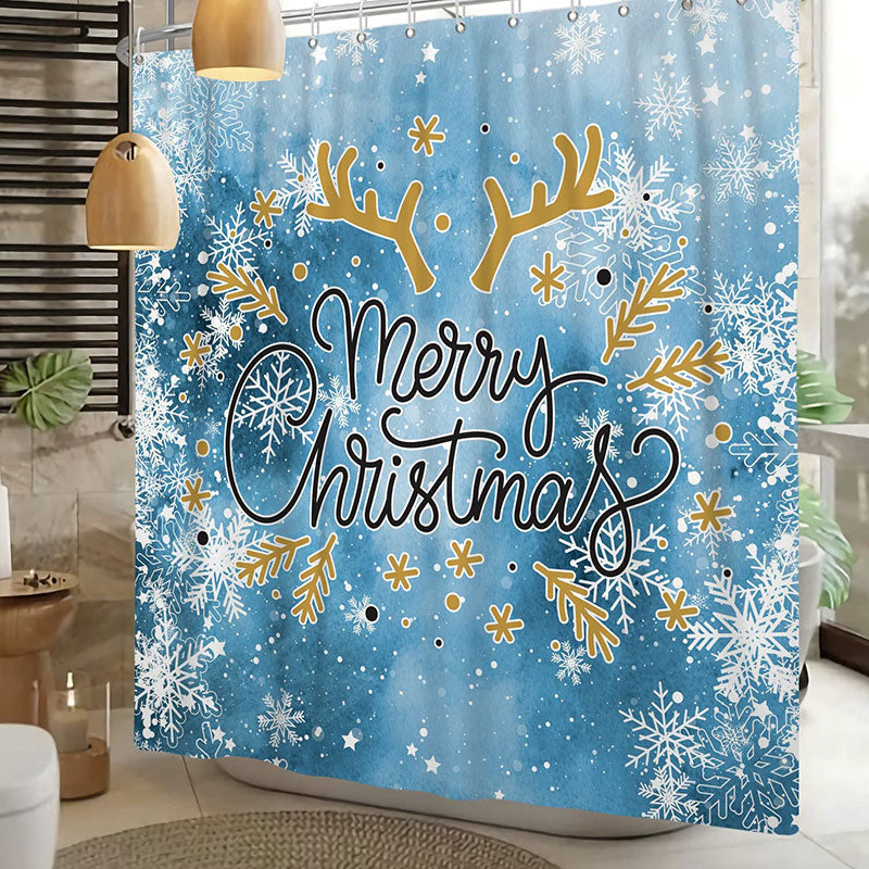 Lofaris Blue Snowflake Antler Merry Christmas Shower Curtain