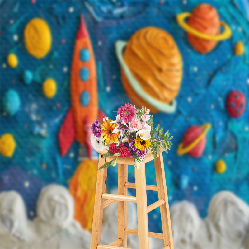 Lofaris Blue Space Planet Rocket Birthday Backdrop For Photo