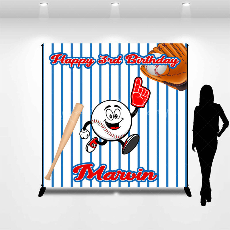 Lofaris Blue Stripe Baseball Custom 3rd Birthday Backdrop