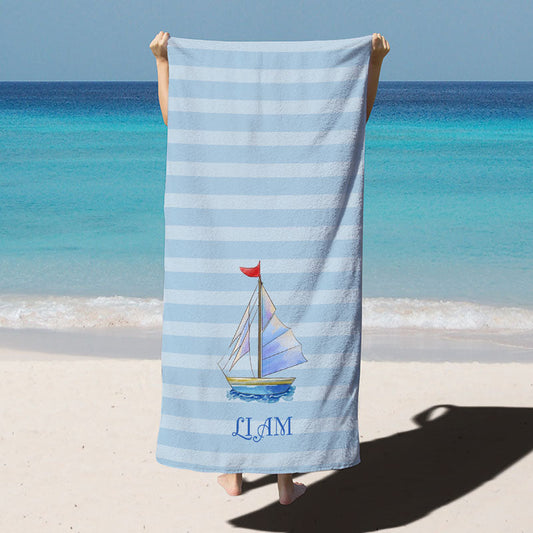Lofaris Blue Stripe Sail Custom Name Beach Towel