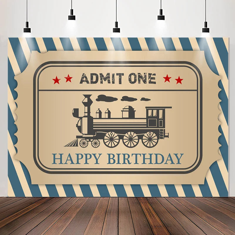 Lofaris Blue Stripe Train Admit One Happy Birthday Backdrop