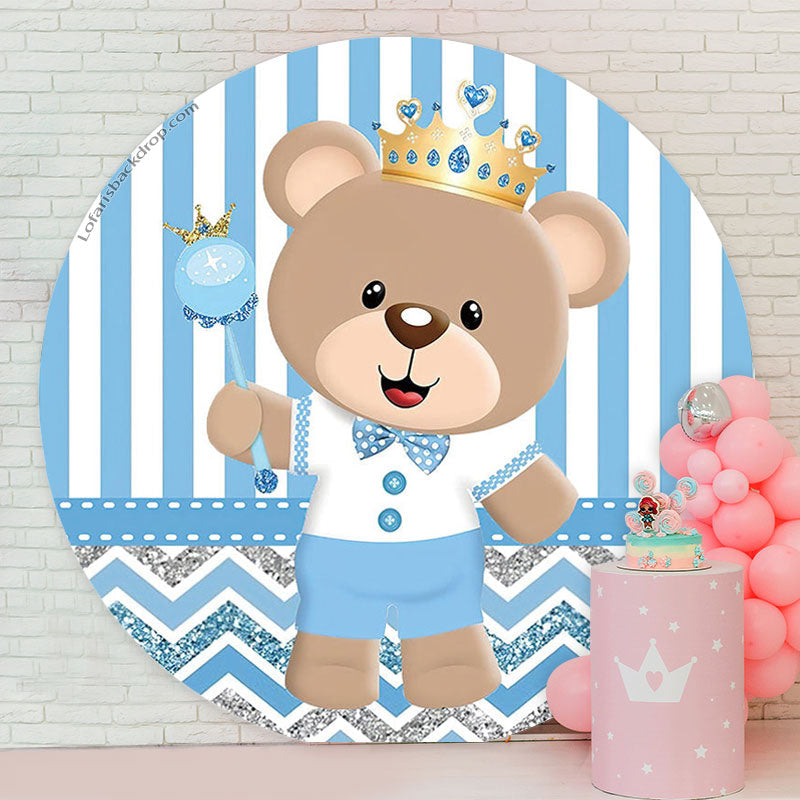 Lofaris Blue Stripes Bear Birthday Round Backdrop Cover