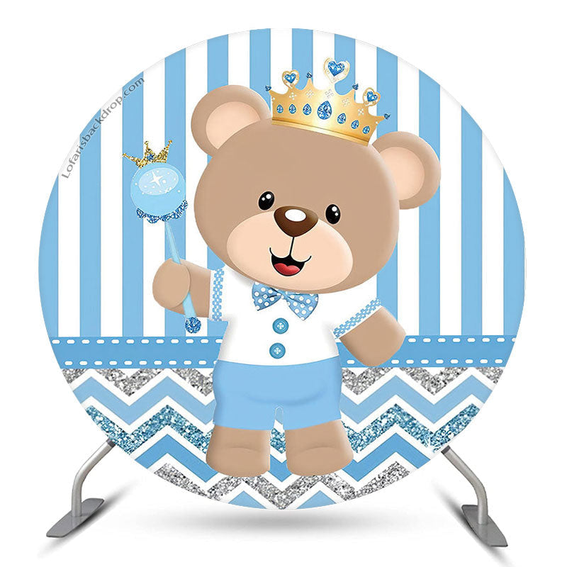 Lofaris Blue Stripes Bear Birthday Round Backdrop Cover
