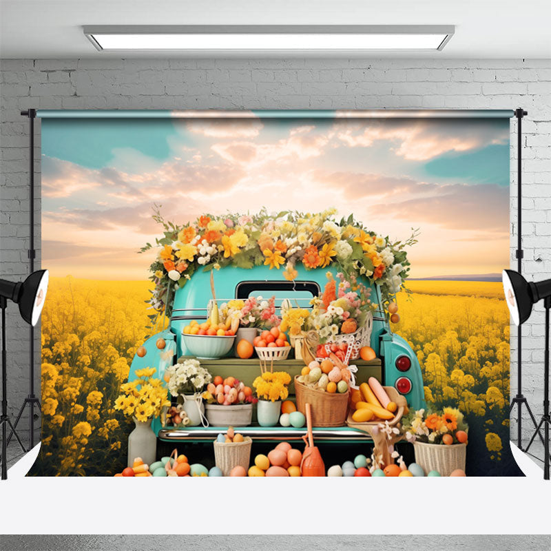 Lofaris Blue Truck Rapeseed Flowers Eggs Easter Backdrop