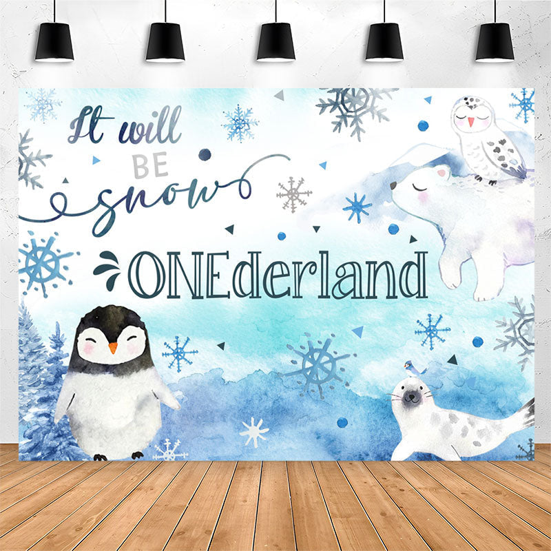 Lofaris Blue Watercolor Winter Animals 1St Birthday Backdrop