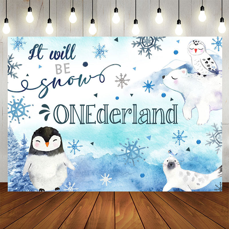 Lofaris Blue Watercolor Winter Animals 1St Birthday Backdrop