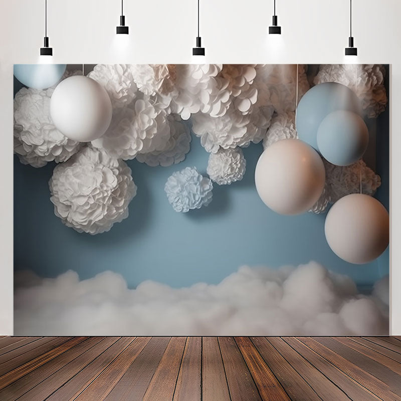 Lofaris Blue White Balloons Velvet Flower Birthday Backdrop
