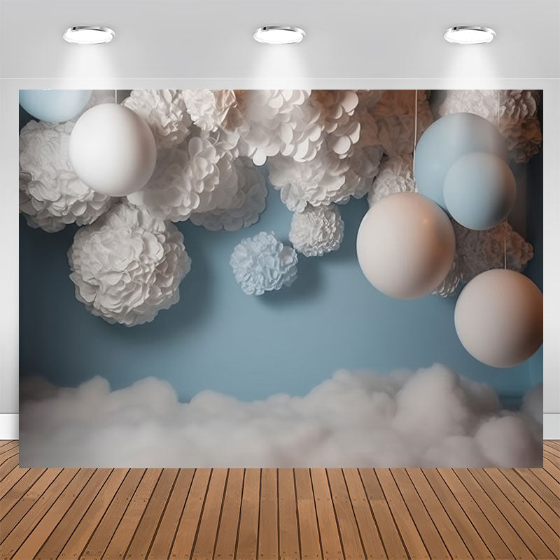 Lofaris Blue White Balloons Velvet Flower Birthday Backdrop