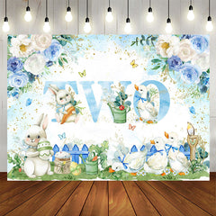 Lofaris Blue White Floral Rabbit Duck 2nd Birthday Backdrop