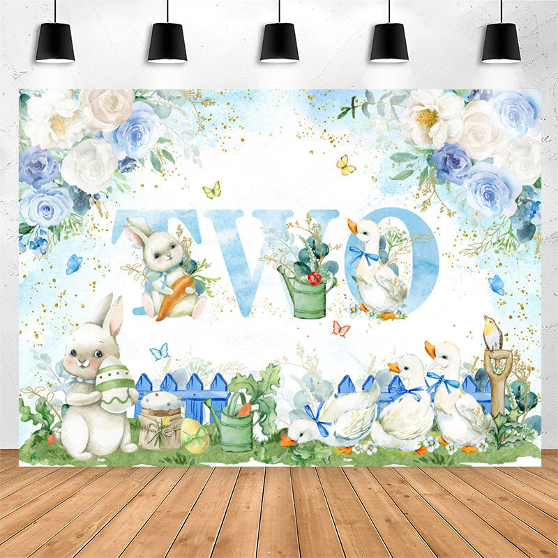 Lofaris Blue White Floral Rabbit Duck 2nd Birthday Backdrop