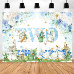 Lofaris Blue White Floral Rabbit Duck 2nd Birthday Backdrop