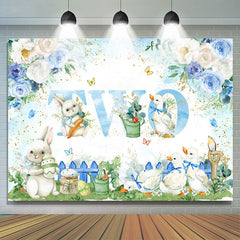 Lofaris Blue White Floral Rabbit Duck 2nd Birthday Backdrop