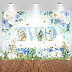 Lofaris Blue White Floral Rabbit Duck 2nd Birthday Backdrop