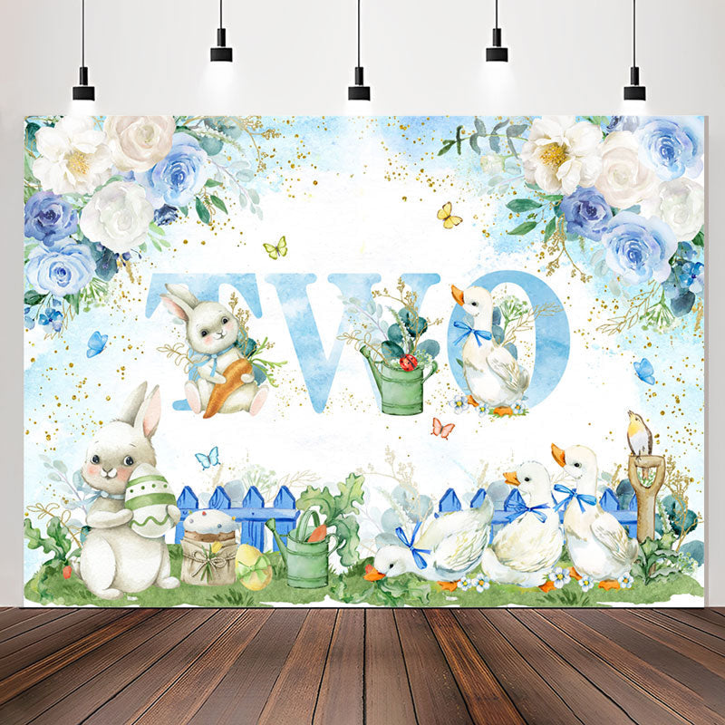 Lofaris Blue White Floral Rabbit Duck 2nd Birthday Backdrop