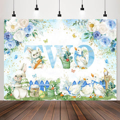 Lofaris Blue White Floral Rabbit Duck 2nd Birthday Backdrop
