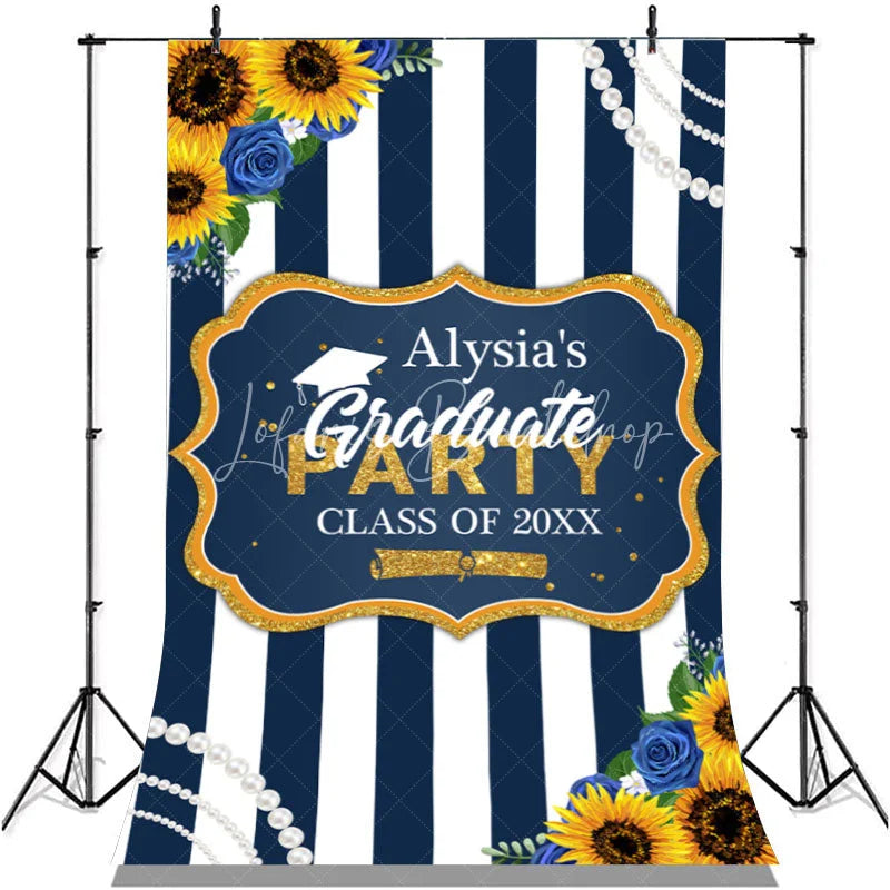 Lofaris Blue White Stripe With Sunflower Graduation Backdrop