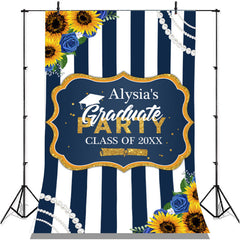 Lofaris Blue White Stripe With Sunflower Graduation Backdrop