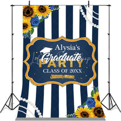Lofaris Blue White Stripe With Sunflower Graduation Backdrop