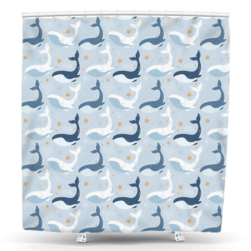 Lofaris Blue White Whale Step And Repeat Shower Curtain