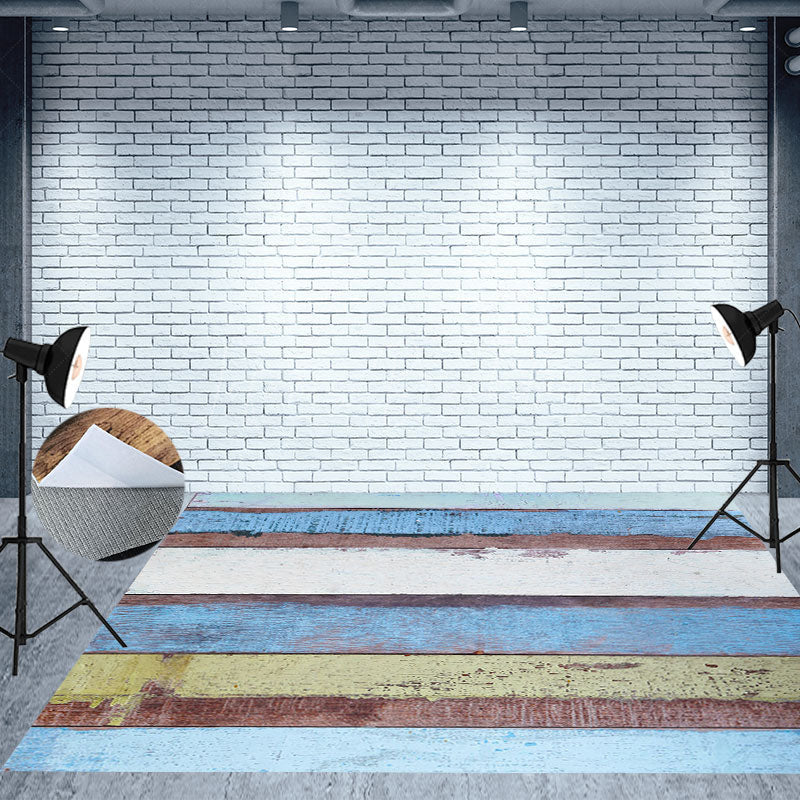 Lofaris Blue White Yellow Paint Style Wooden Floor Backdrop