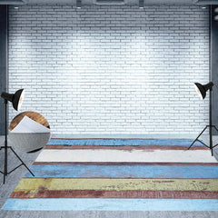 Lofaris Blue White Yellow Paint Style Wooden Floor Backdrop