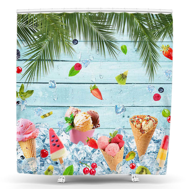 Lofaris Blue Wood Palm Ice Cream Fruit Summer Shower Curtain