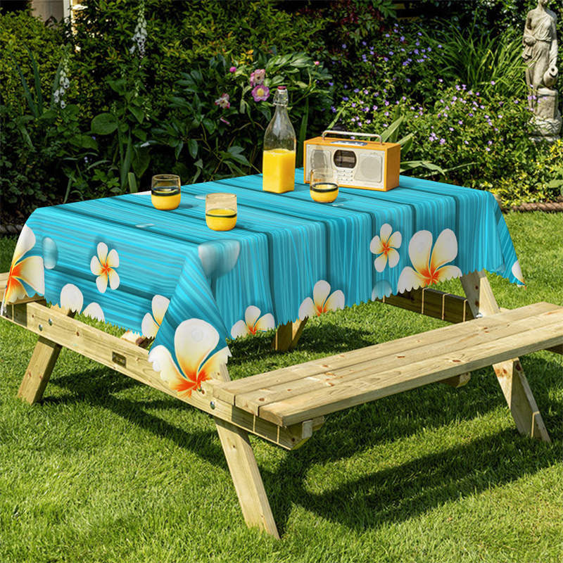 Lofaris Blue Wood White Flower Decorative Rectangle Tablecloth