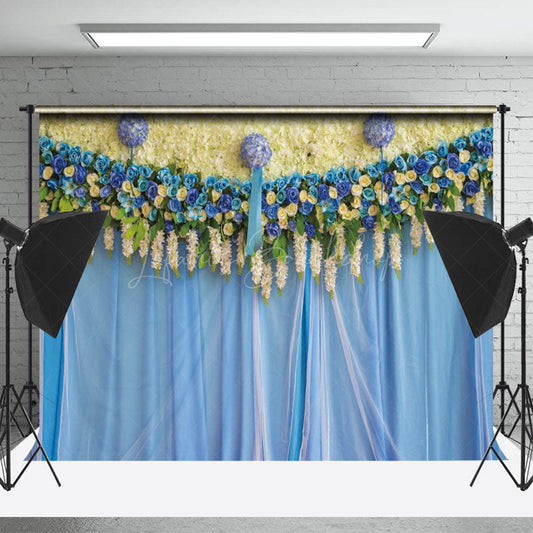 Lofaris Blue Yellow Floral Valentines Day Photo Backdrop