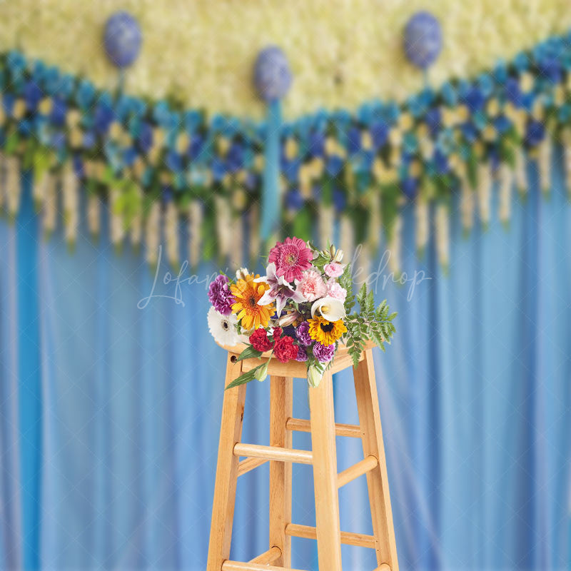 Lofaris Blue Yellow Floral Valentines Day Photo Backdrop