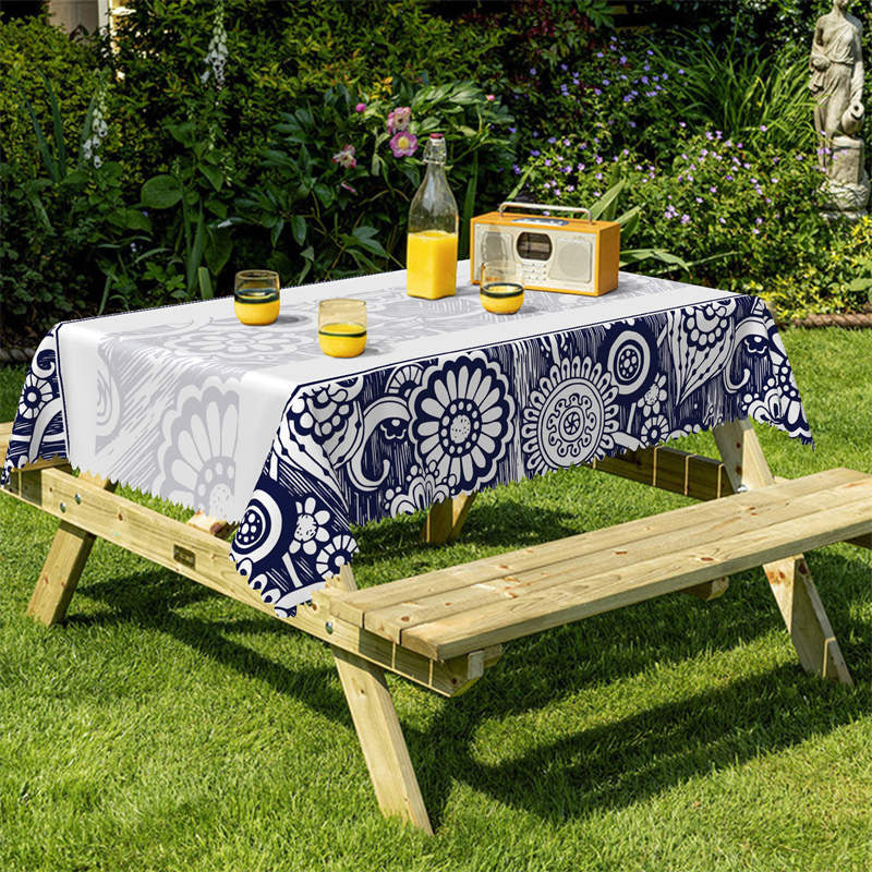 Lofaris Blurred Blue White Flower Pattern Rectangle Tablecloth