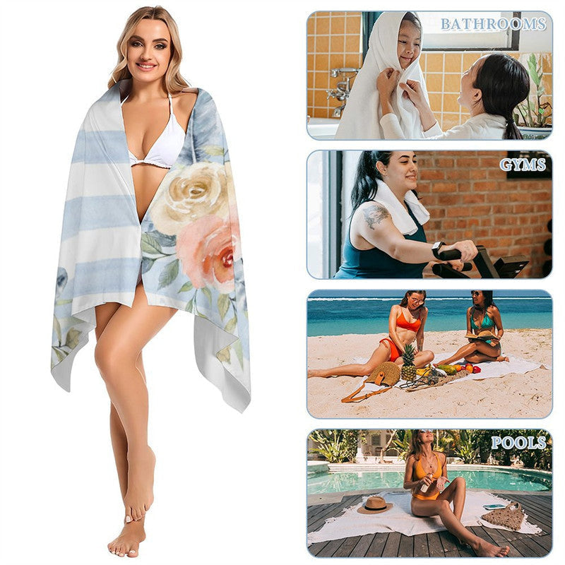 Lofaris Boho Blue Floral Stripes Custom Name Beach Towel