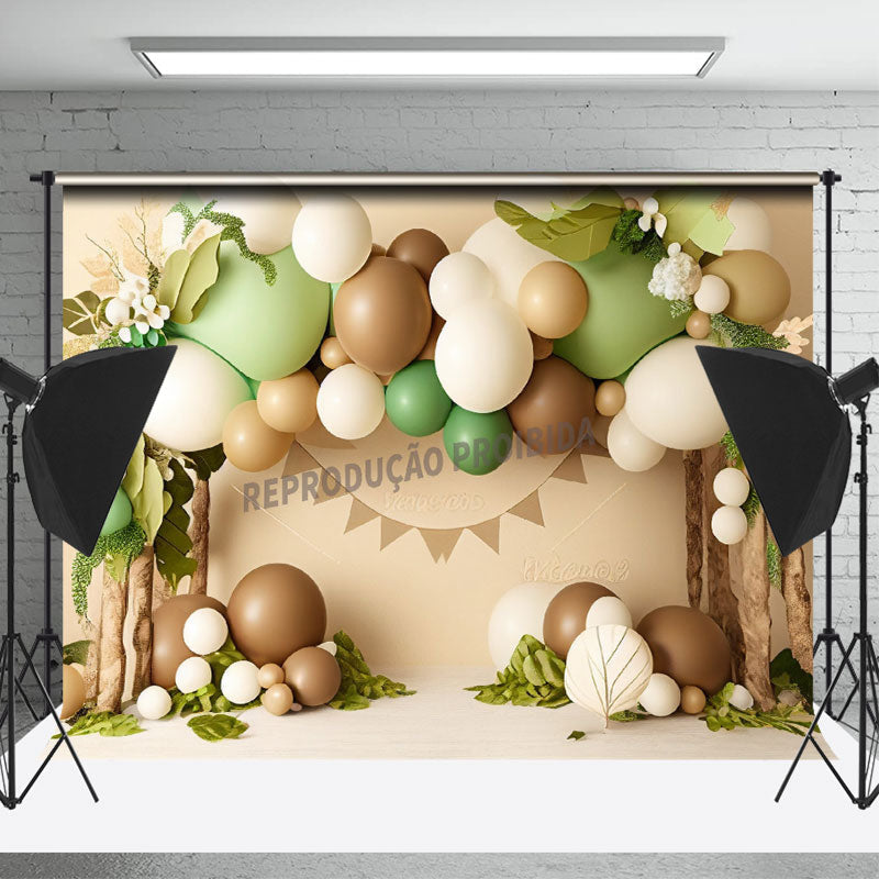 Lofaris Boho Brown Green Balloon Wood Door Cake Smash Backdrop