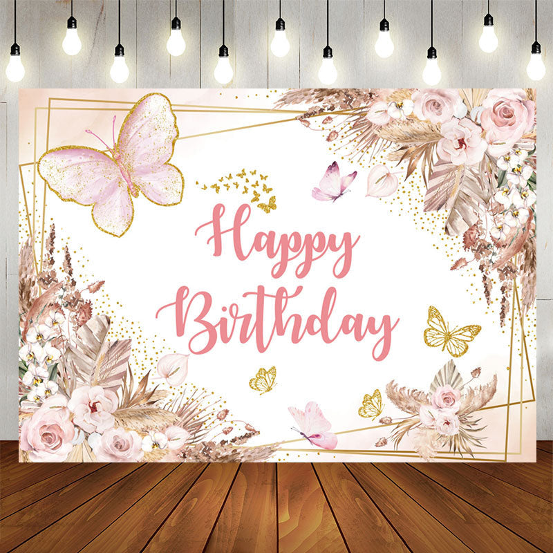 Lofaris Boho Butterfly Floral Birthday Backdrop For Girl