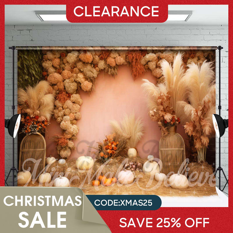 Lofaris (Ship In 24HR) Boho Floral Bulrush Pumpkin Photo Booth Backdrop