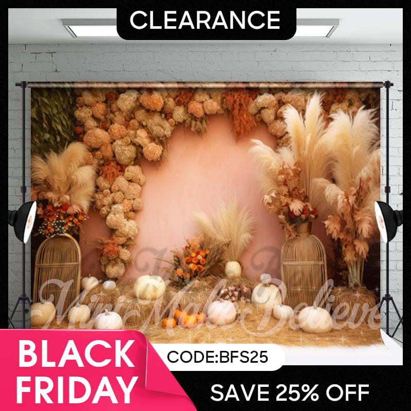 Lofaris (Ship In 24HR) Boho Floral Bulrush Pumpkin Photo Booth Backdrop