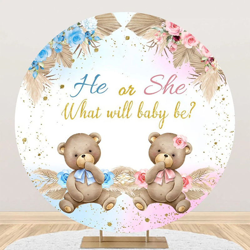 Lofaris Boho Floral Leaves Bear Round Gender Reveal Backdrop