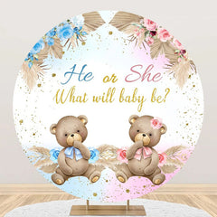 Lofaris Boho Floral Leaves Bear Round Gender Reveal Backdrop