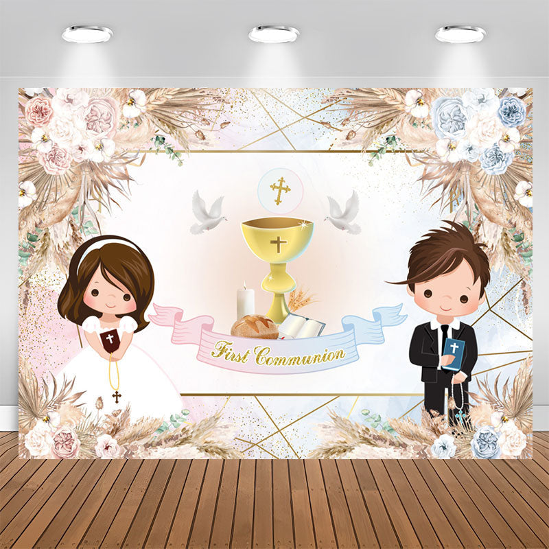 Lofaris Boho Floral Pigeon First Communion Baptism Backdrop
