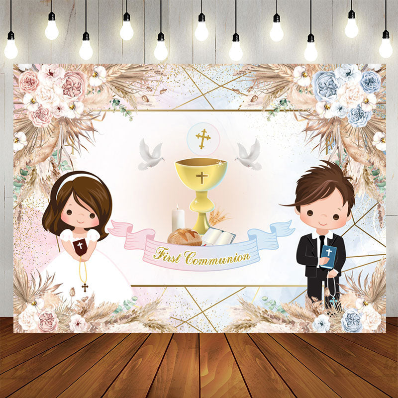 Lofaris Boho Floral Pigeon First Communion Baptism Backdrop