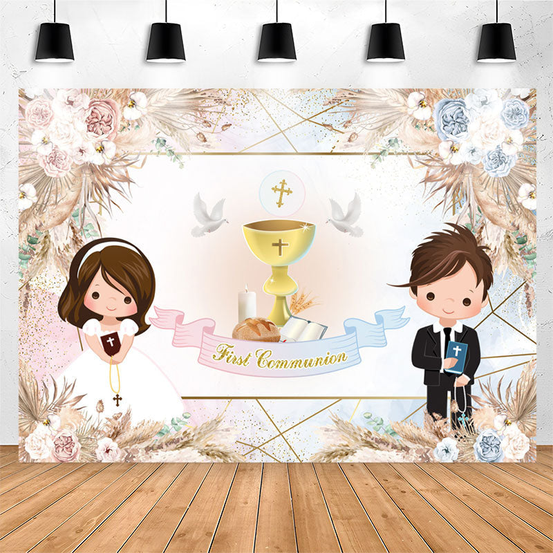Lofaris Boho Floral Pigeon First Communion Baptism Backdrop