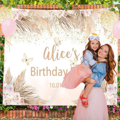 Lofaris Boho Flowers Reed Leaves Custom Birthday Backdrop