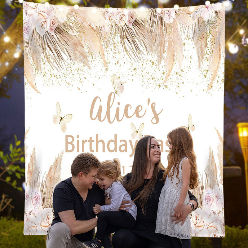 Lofaris Boho Flowers Reed Leaves Custom Birthday Backdrop