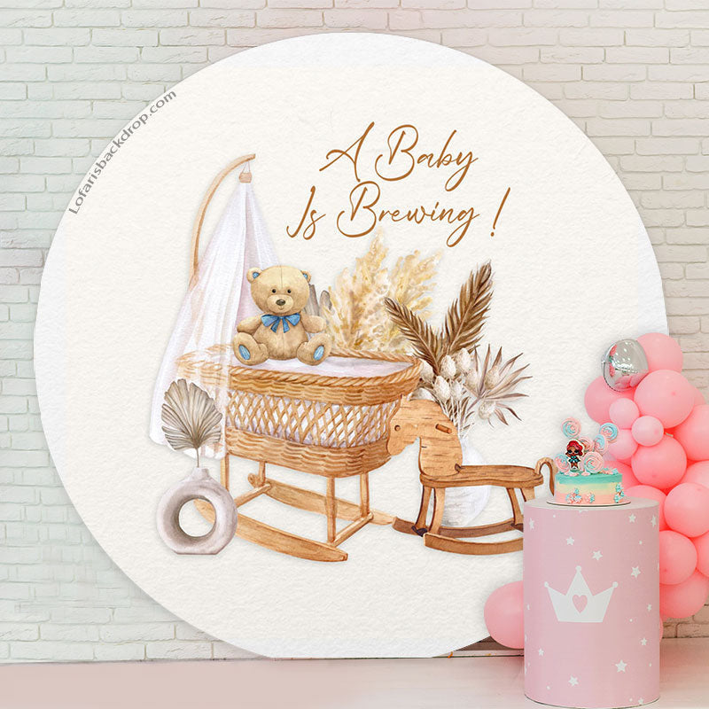 Lofaris Boho Teddy Bear Cradle Baby Shower Round Backdrop