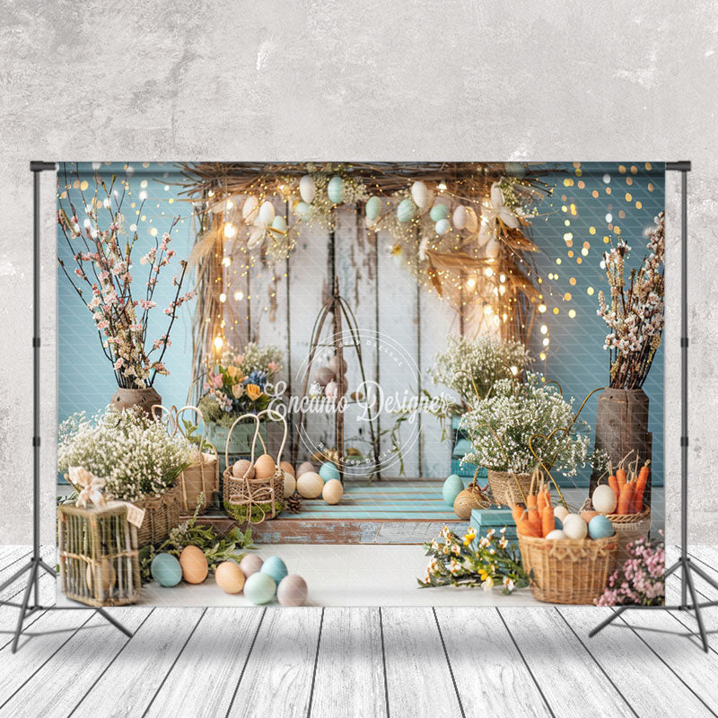Lofaris Bokeh Blue Retro WHite Wood Floral Easter Backdrop