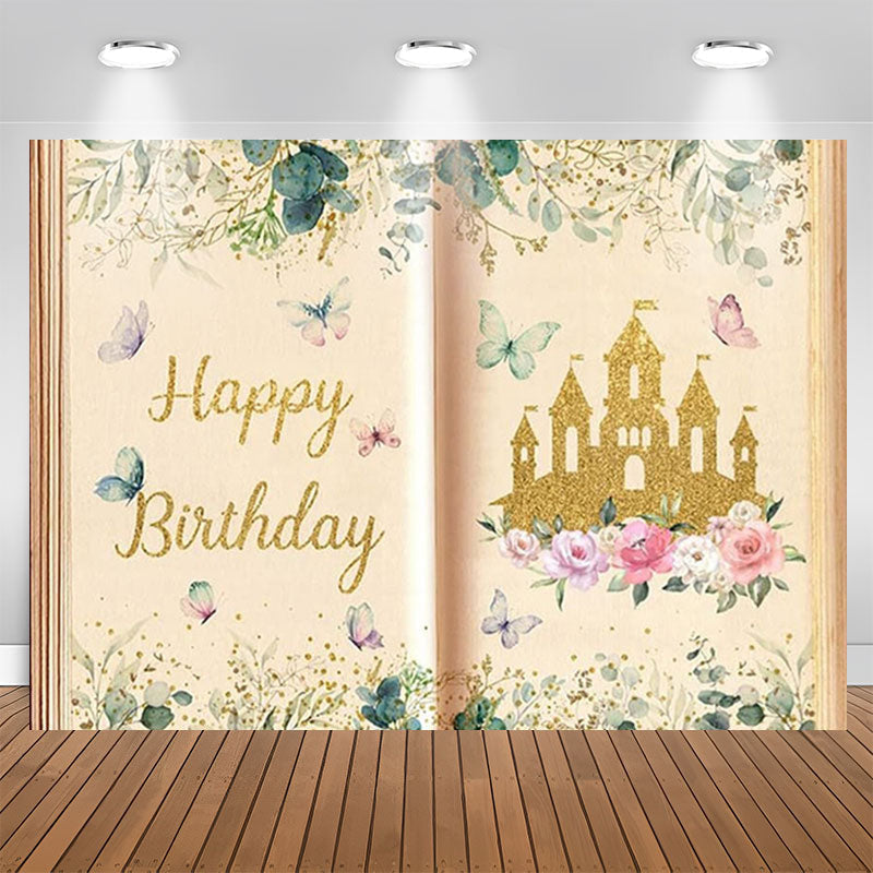 Lofaris Book Gold Glitter Castle Princess Birthday Backdrop
