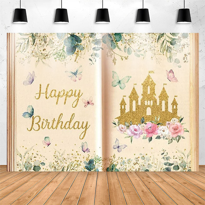 Lofaris Book Gold Glitter Castle Princess Birthday Backdrop