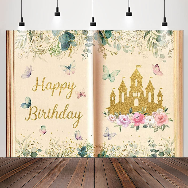 Lofaris Book Gold Glitter Castle Princess Birthday Backdrop