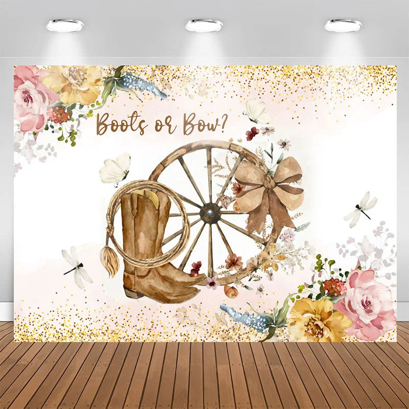 Lofaris Boots Or Bow Floral Glitter Gender Reveal Backdrop