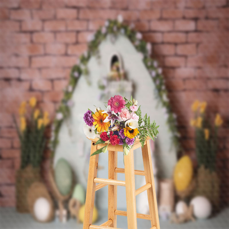 Lofaris Brick Wall Door Egg Floral Easter Photo Backdrop